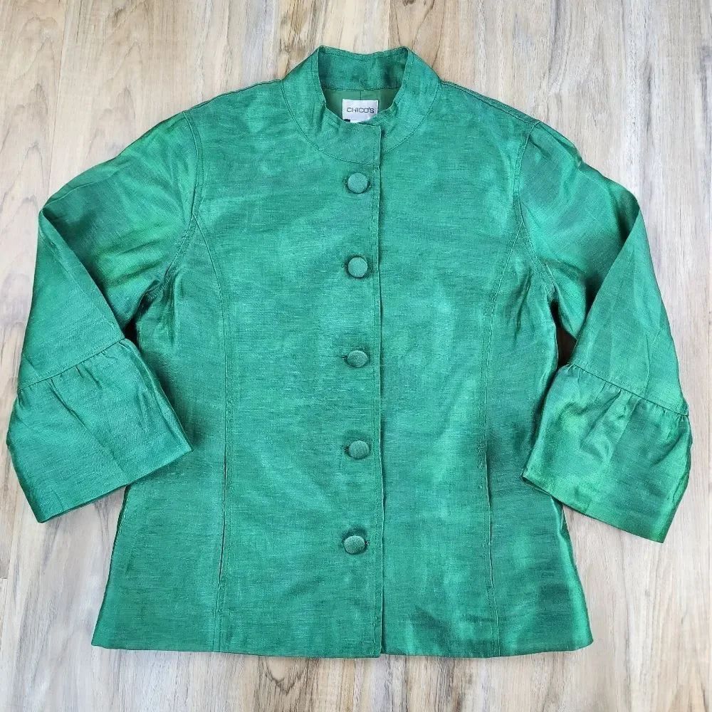 🔸️Chico's Green Linen Blend Bell Cuff Sleeve Blazer XSmall